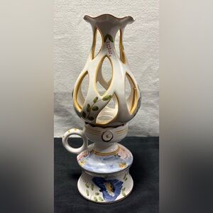 Portuguese White Ceramic Candle Holder with Floral Design